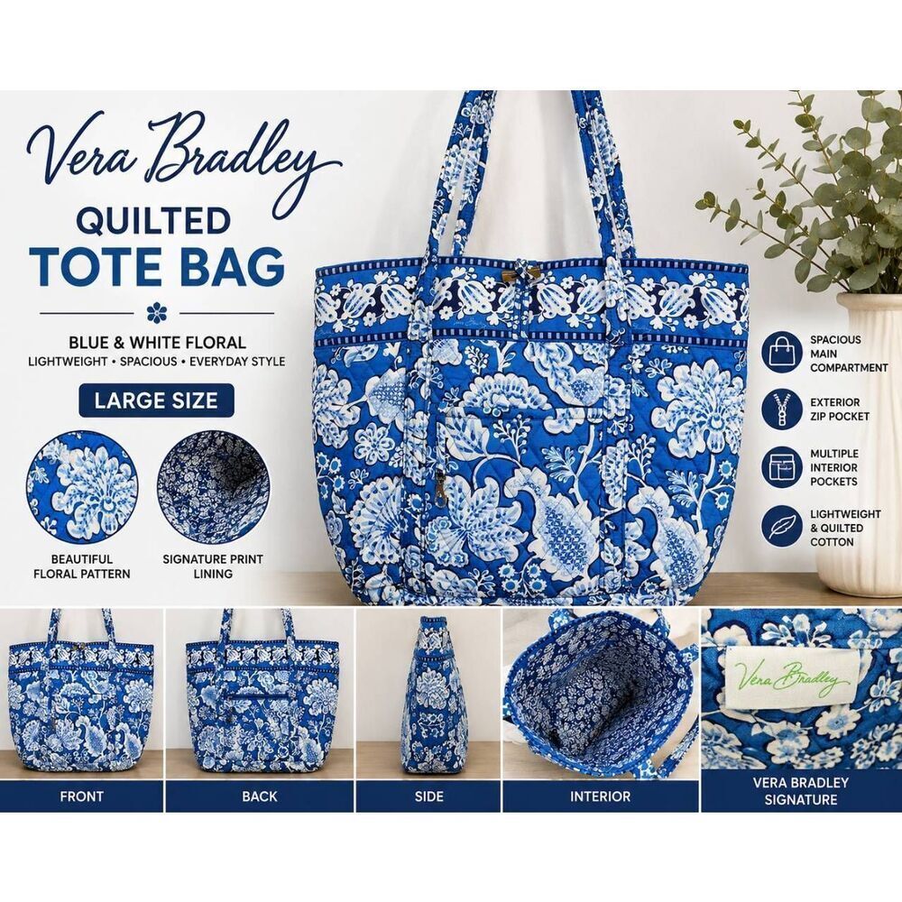 Vera Bradley Blue White Floral Quilted Tote Bag Shoulder Purse Large Zip